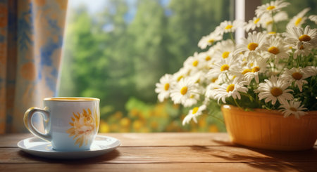 a yellow cup with flowers sitting on top of wooden table,の素材