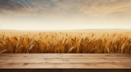 a wooden table with wheat field in the background,の素材
