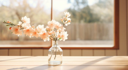 an empty wooden table with flowers in a vase,の素材