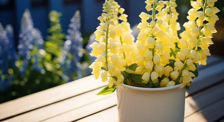 a yellow mug full of delphiniums outside in the sunlight,の素材