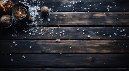 a wooden table in winter with snow falling from it,の素材
