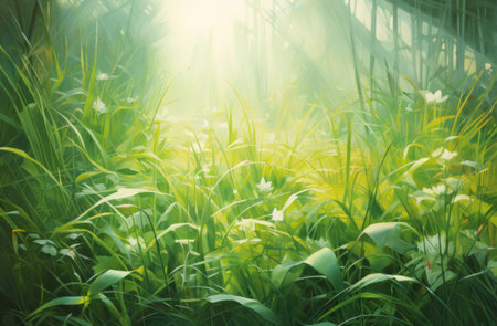 beautiful fresh grass has the sun in its spot,の素材