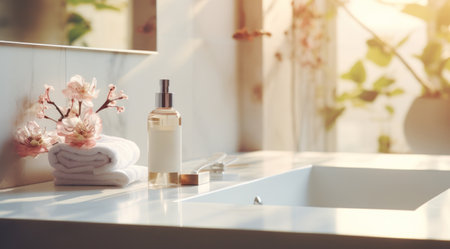 an image of the table in a modern white bathroom,の素材