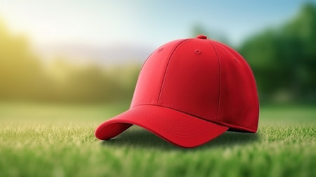 Athlete modern baseball red cap with realistic on a mockup template in a grass in a stadiumの素材