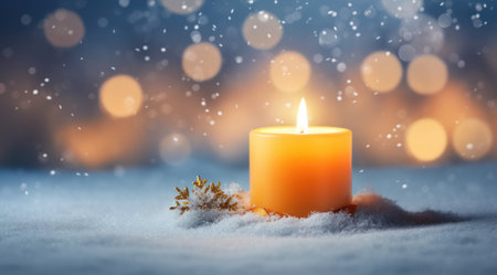 christmas background winter candle in snow background,の素材