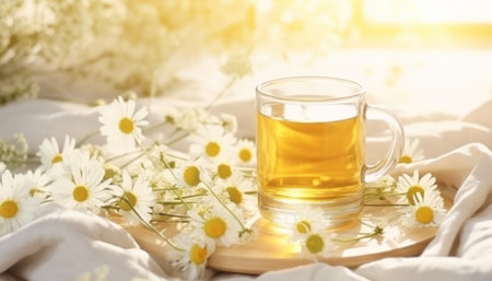 chamomile tea on white table with some flowers,の素材