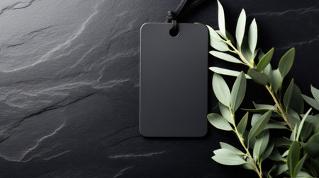 black blank tag with blank front realistic on a mockup template in a black stone tableの素材