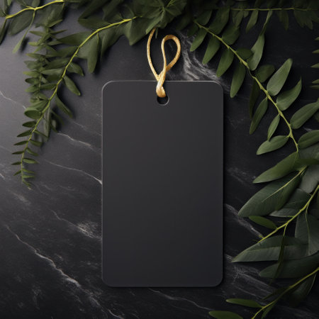 black blank tag with blank front realistic on a mockup template in a black stone tableの素材