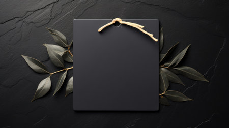 black blank tag with blank front realistic on a mockup template in a black stone tableの素材