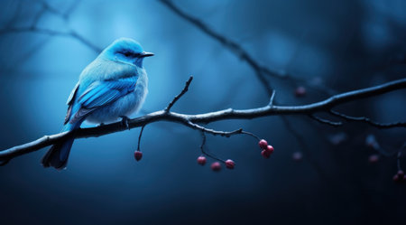 blue bird sitting on small branch in snowy night,の素材