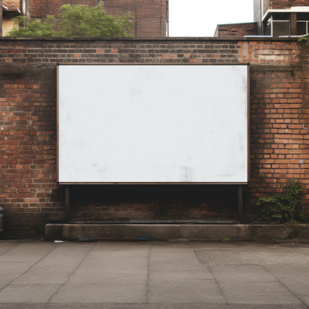 Billboard mockup with blank front, realistic on a mockup template in grunge brick wallの素材