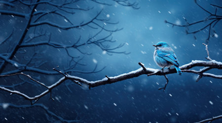 blue bird sitting on small branch in snowy night,の素材