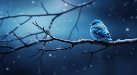 blue bird sitting on small branch in snowy night,の素材