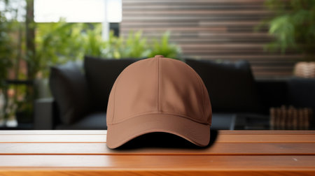 Cap with blank front, realistic on a mockup template in a tableの素材