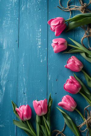 Bright pink tulips tied with twine on a textured blue wooden backgroundの素材