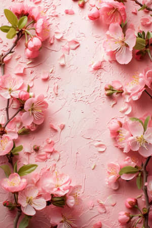 Cherry blossoms spread on a textured pink surface, evoking spring's touch.の素材