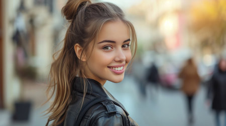 Young woman smiling on city street.の素材