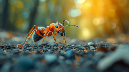 A solitary ant explores the vibrant, sunlit forest floor strewn with autumn leaves.の素材