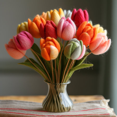 Colorful felt tulip bouquet in a ceramic vase.の素材