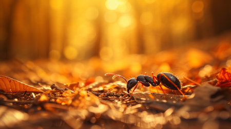 A solitary ant explores the vibrant, sunlit forest floor strewn with autumn leaves.の素材