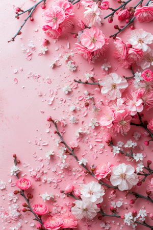 Cherry blossoms spread on a textured pink surface, evoking spring's touch.の素材