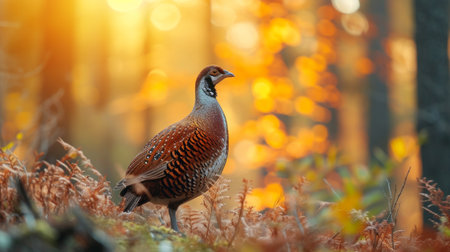 A pheasant with vibrant plumage stands regally amidst a backdrop of golden autumn leavesの素材