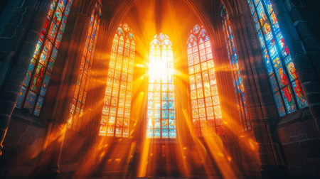 Radiant light beams shining through colorful stained glass.の素材