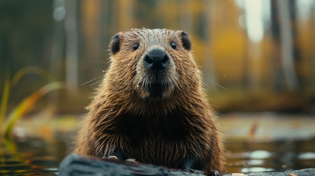 A beaver amidst fallen leaves in an autumn forest settingの素材