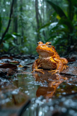 A colorful frog on a leaf with droplets of water.の素材