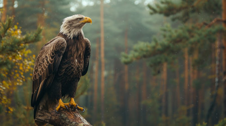 An eagle sits regally atop a branch, surveying its surroundings.の素材