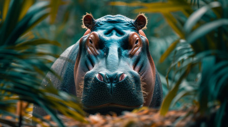 A hippopotamus stands facing forward with a direct stare, against a backdrop of fallen autumn leaves.の素材