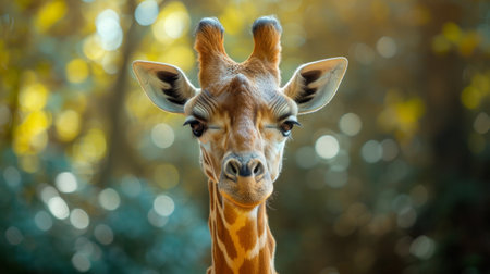 A giraffe's head against a backdrop of colorful autumn leaves.の素材