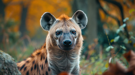 A hyena's intense stare captivates against a soft-focus forest backdrop.の素材
