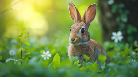 Alert rabbit sitting in a green meadow, bathed in the warm glow of sunriseの素材