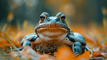 A frog blending in with the fallen autumn leaves.の素材