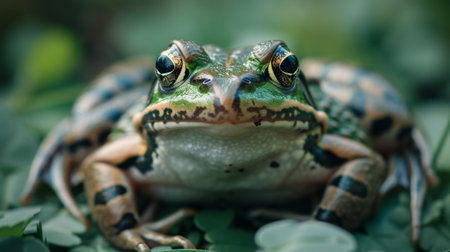 A colorful frog on a leaf with droplets of water.の素材
