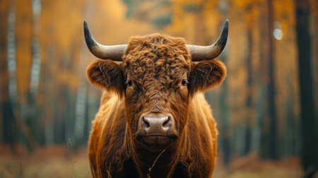 A black bull stands alert in a misty, verdant forestの素材