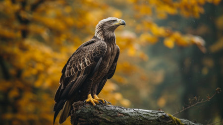 An eagle sits regally atop a branch, surveying its surroundings.の素材