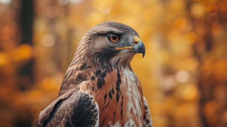 A hawk poses with a piercing gaze, surrounded by warm autumn colors.の素材