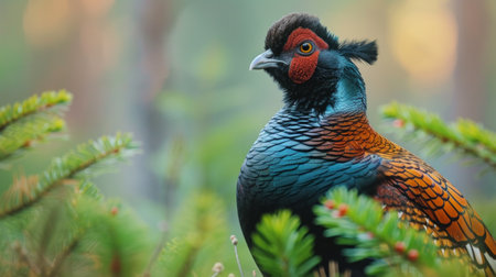 A grouse bird with vivid plumage in an autumn forestの素材