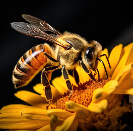 a bee on a black background with a yellow flower,の素材