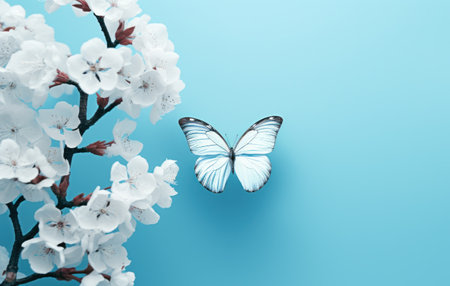 a blue backdrop with blooming blossoms, butterflies and blossoms,の素材