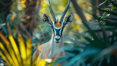 An antelope standing in a golden savanna with striking horn shapes.の素材