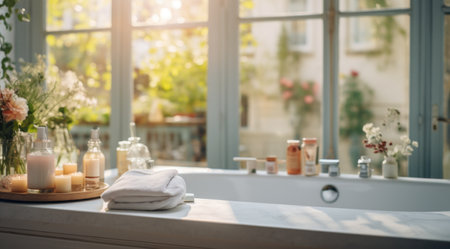 a dining table sitting in a windowed bathroom,の素材
