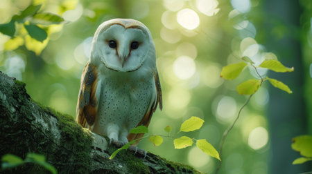 Snowy owl with yellow eyes in a misty orchard.の素材