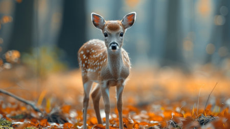A young deer fawn stands in a forest with autumn leaves.の素材