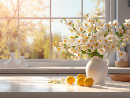 a kitchen with table and window in the background with flowers,の素材