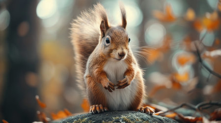 A curious squirrel on a rock with fall leaves.の素材