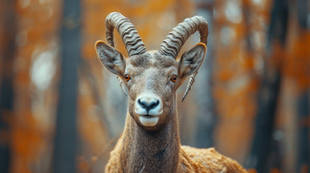 A majestic alpine ibex gazes into the distance, with a warm, golden backdrop.の素材