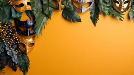 Mardi Gras, masks, beads, celebration, yellow, vibrant, carnival, festival, masquerade, feathers, golden, culture, decoration, costume, traditional, luxury, party, event, ornamentalの素材